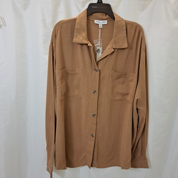 She + Sky Tops - NWT SZ L She + Sky Tan Linen Blend Button-Up Blouse